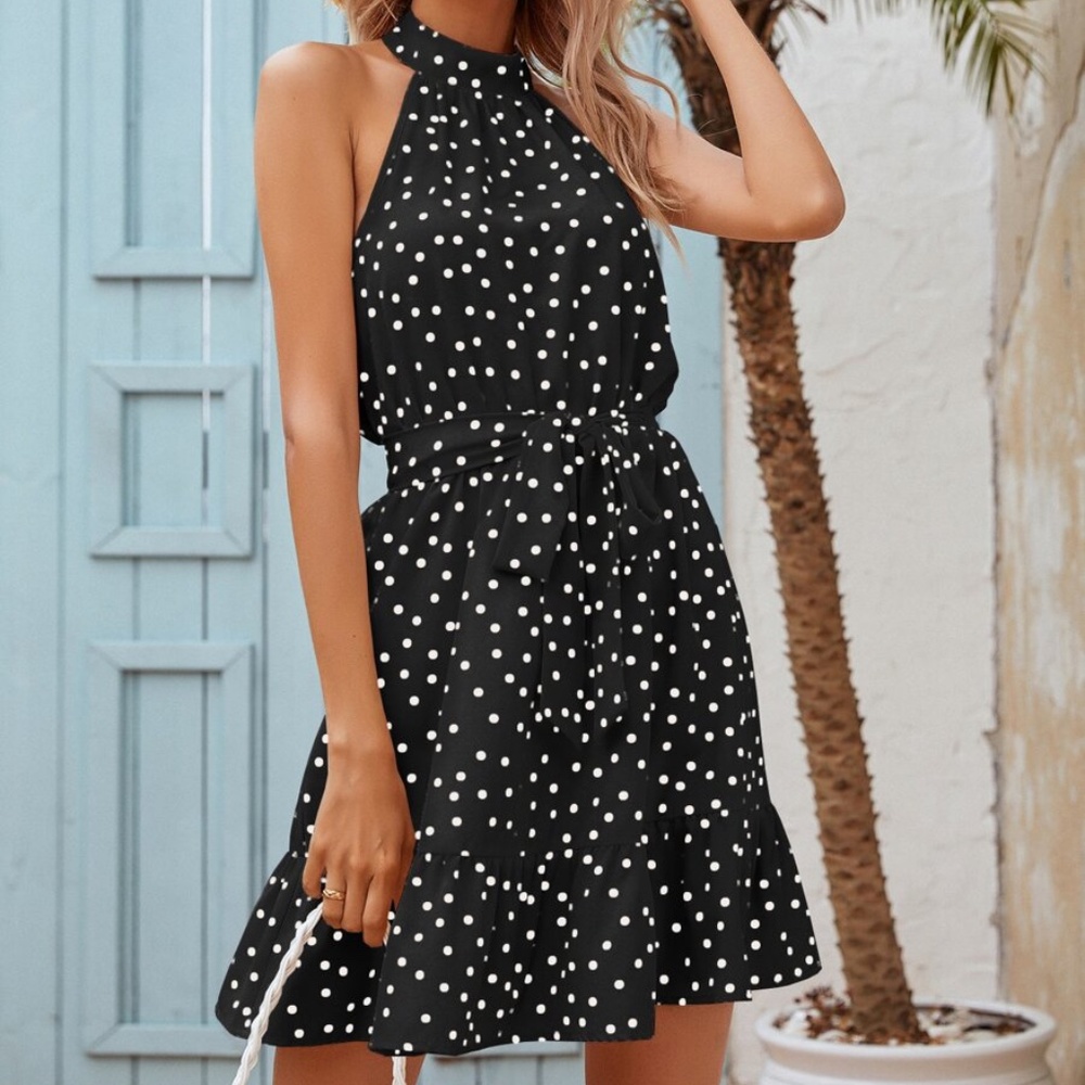 boho polka dot belted ruffle hem halter mini dress - Picture 2 of 12